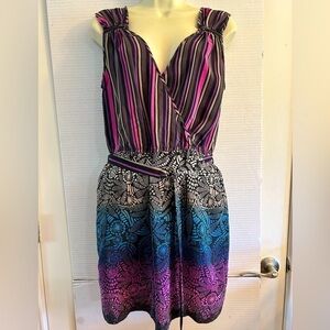 Charlie Jade 100% silk belted, sleeveless  empire dress in multi color Sz M. P4